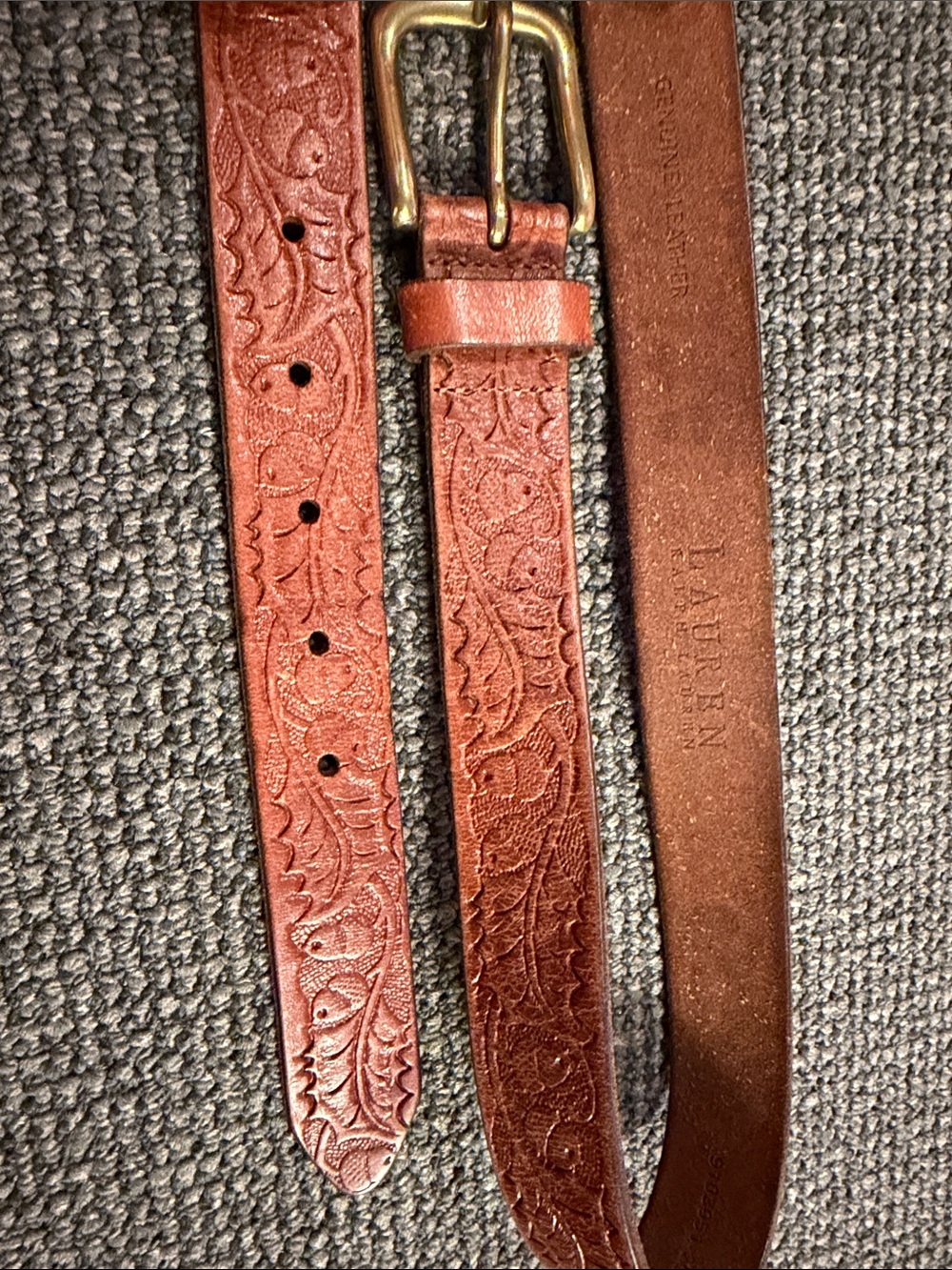 Ralph Lauren embossed leather Belt cognac Brass Buckle western M costal cowgirl